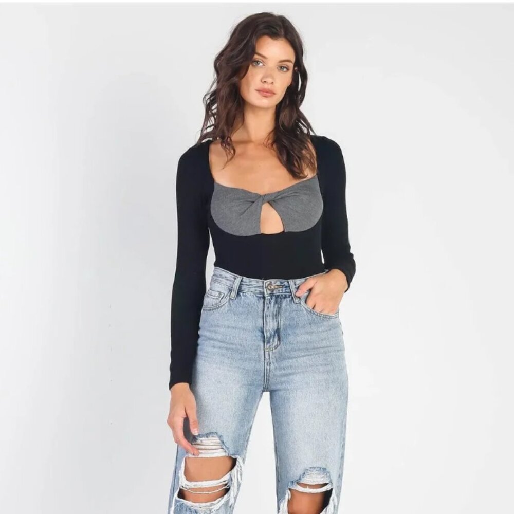 NWT Black Grey Ribbed Twist Bust Cutout Bodysuit Long Sleeve Small
